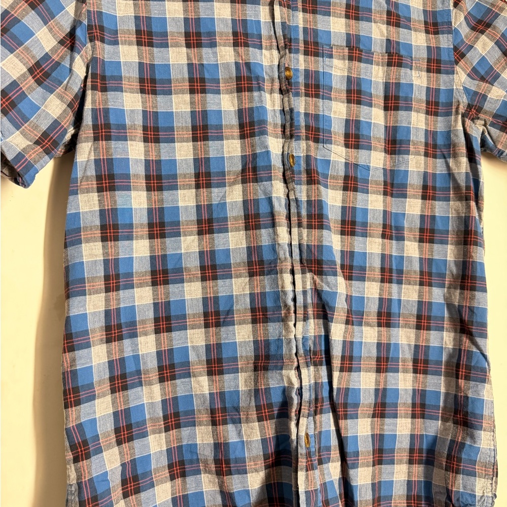 Casual Men's Short-Sleeve Plaid Button-Down Shirt — Blue/Tan